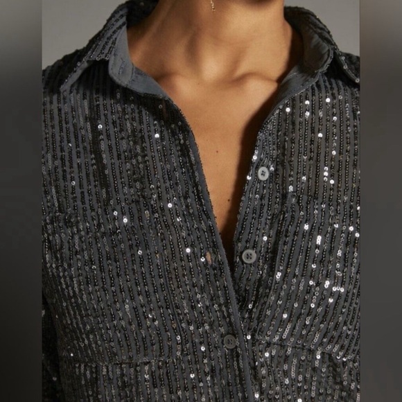 Anthropologie Sequin Button-down Shirt Slate Gray Top Medium Petite - Picture 2 of 15